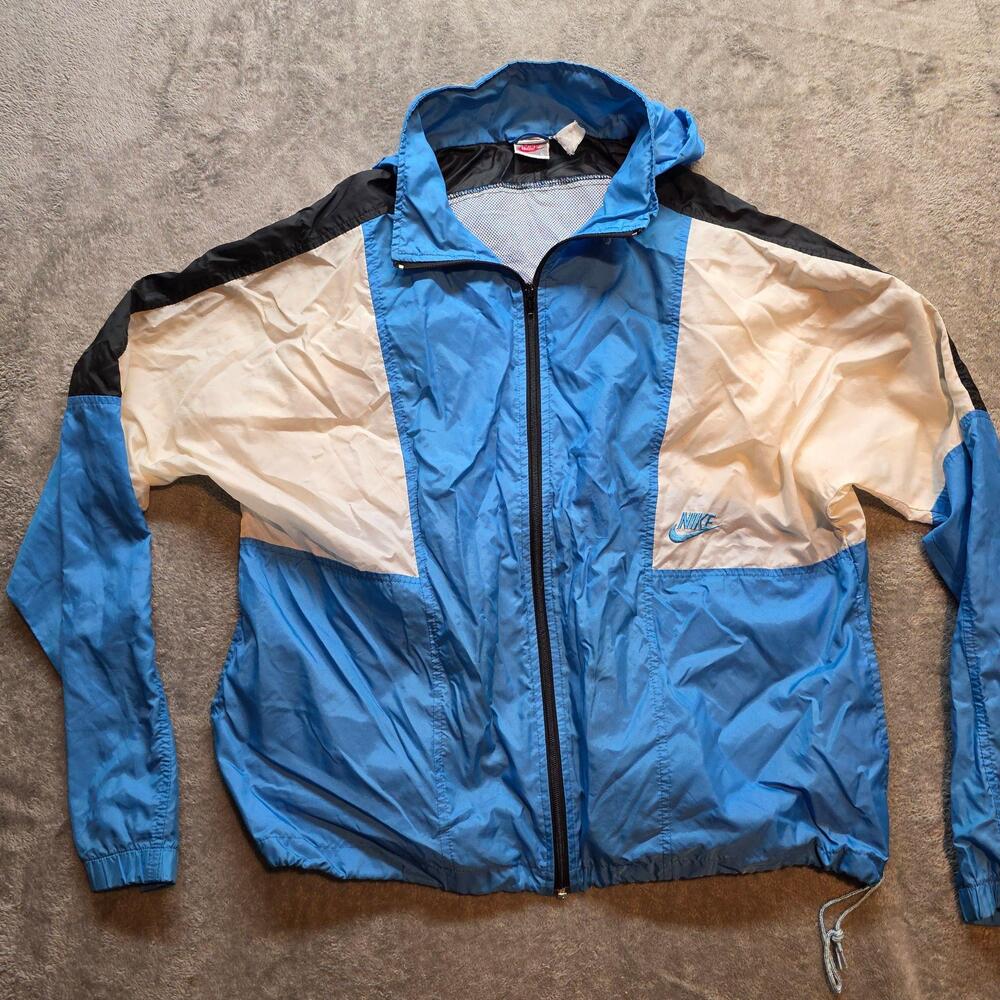 Nike Windbreaker Jacket Mens L Blue Colorblock Full Zip Running Hooded Vintage